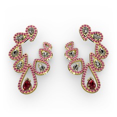 Garnet, dumanlı kuvars ve rodolit garnet 14 ayar altın küpe