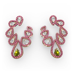 Peridot, swarovski ve rodolit garnet 14 ayar rose altın küpe