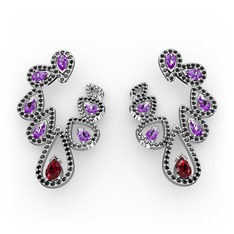 Garnet, ametist ve siyah zirkon 8 ayar beyaz altın küpe