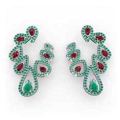 Ladonna Küpe - Kök zümrüt, garnet ve yeşil kuvars 14 ayar beyaz altın küpe #41j08t