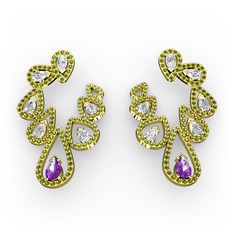 Ametist, swarovski ve peridot 14 ayar altın küpe