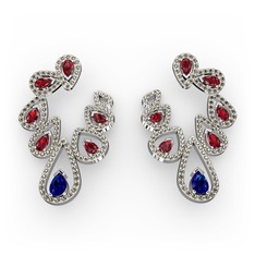 Lab safir, garnet ve dumanlı kuvars 8 ayar beyaz altın küpe