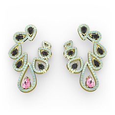 Pembe kuvars, siyah zirkon ve akuamarin 18 ayar altın küpe