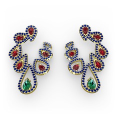 Yeşil kuvars, garnet ve lab safir 18 ayar altın küpe