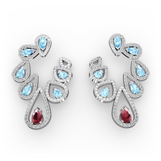 Kök yakut, akuamarin ve swarovski 18 ayar beyaz altın küpe