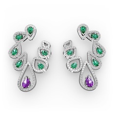 Ametist, yeşil kuvars ve swarovski 14 ayar beyaz altın küpe