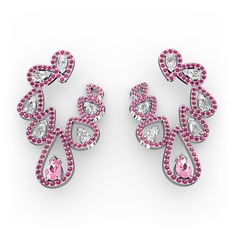 Pembe kuvars, beyaz zirkon ve rodolit garnet 8 ayar beyaz altın küpe