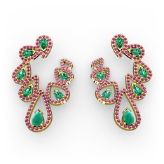 Ladonna Küpe - Kök zümrüt, yeşil kuvars ve rodolit garnet 8 ayar altın küpe #7n9nmm