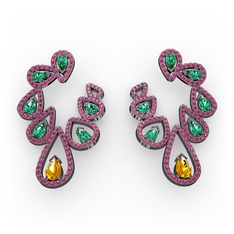 Sitrin, yeşil kuvars ve rodolit garnet 925 ayar siyah rodyum kaplama gümüş küpe