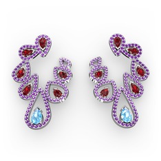 Ladonna Küpe - Akuamarin, garnet ve ametist 8 ayar beyaz altın küpe #83sm17