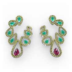 Ladonna Küpe - Rodolit garnet, kök zümrüt ve peridot 14 ayar beyaz altın küpe #88zl9z