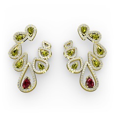 Garnet, peridot ve beyaz zirkon 8 ayar altın küpe