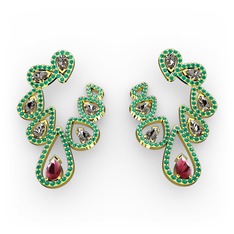 Kök yakut, dumanlı kuvars ve yeşil kuvars 8 ayar altın küpe