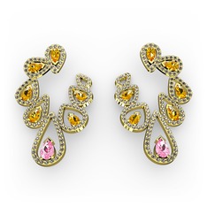 Ladonna Küpe - Pembe kuvars, sitrin ve dumanlı kuvars 8 ayar altın küpe #9knna1