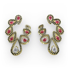 Ladonna Küpe - Swarovski, kök yakut ve siyah zirkon 8 ayar altın küpe #9ls1z8