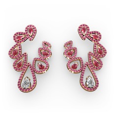 Beyaz zirkon, kök yakut ve rodolit garnet 14 ayar rose altın küpe