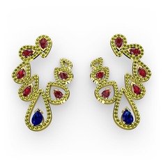 Lab safir, garnet ve peridot 14 ayar altın küpe