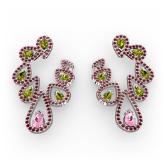 Pembe kuvars, peridot ve garnet 8 ayar beyaz altın küpe