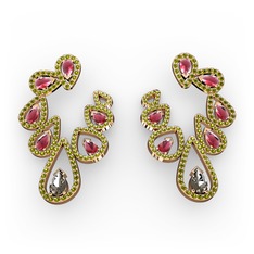 Ladonna Küpe - Dumanlı kuvars, kök yakut ve peridot 8 ayar rose altın küpe #as9uho