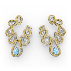Akuamarin, swarovski ve sitrin 8 ayar beyaz altın küpe