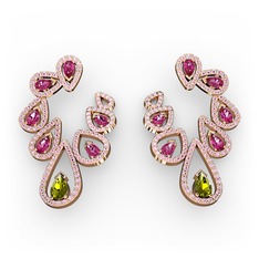 Ladonna Küpe - Peridot, rodolit garnet ve pembe kuvars 18 ayar rose altın küpe #bh22zp