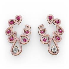 Beyaz zirkon, rodolit garnet ve pembe kuvars 8 ayar rose altın küpe