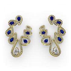 Swarovski, lab safir ve dumanlı kuvars 14 ayar altın küpe