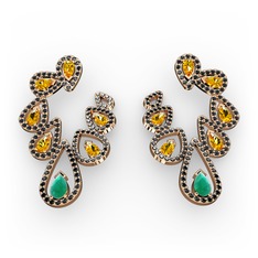 Kök zümrüt, sitrin ve siyah zirkon 18 ayar rose altın küpe