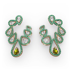 Peridot, beyaz zirkon ve yeşil kuvars 18 ayar rose altın küpe