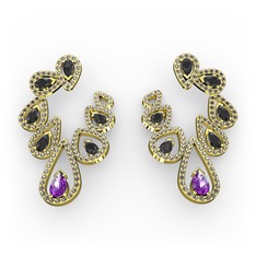 Ladonna Küpe - Ametist, siyah zirkon ve dumanlı kuvars 925 ayar altın kaplama gümüş küpe #fdgtte