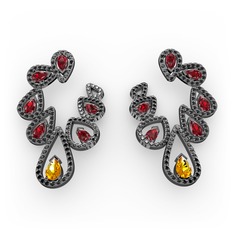 Sitrin, garnet ve siyah zirkon 925 ayar siyah rodyum kaplama gümüş küpe