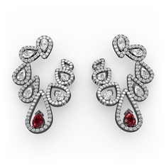 Garnet, swarovski ve beyaz zirkon 925 ayar siyah rodyum kaplama gümüş küpe