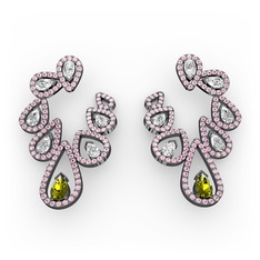 Peridot, beyaz zirkon ve pembe kuvars 925 ayar siyah rodyum kaplama gümüş küpe