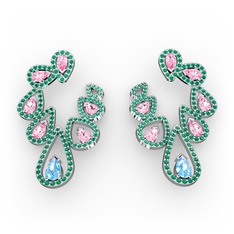 Ladonna Küpe - Akuamarin, pembe kuvars ve yeşil kuvars 8 ayar beyaz altın küpe #h1k262
