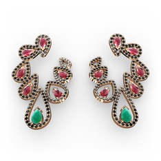 Ladonna Küpe - Kök zümrüt, kök yakut ve siyah zirkon 18 ayar rose altın küpe #iaf02k