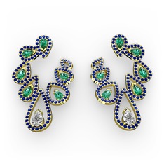 Swarovski, yeşil kuvars ve lab safir 14 ayar altın küpe