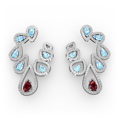 Garnet, akuamarin ve beyaz zirkon 925 ayar gümüş küpe