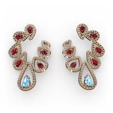 Akuamarin, garnet ve dumanlı kuvars 8 ayar rose altın küpe