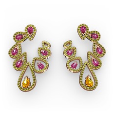 Sitrin, rodolit garnet ve peridot 14 ayar rose altın küpe