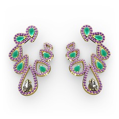 Ladonna Küpe - Dumanlı kuvars, kök zümrüt ve ametist 14 ayar altın küpe #lr5utu