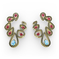 Ladonna Küpe - Akuamarin, kök yakut ve siyah zirkon 8 ayar altın küpe #lr98vx