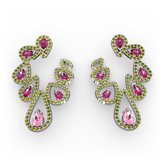 Ladonna Küpe - Pembe kuvars, rodolit garnet ve peridot 18 ayar beyaz altın küpe #lvs736
