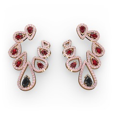 Siyah zirkon, garnet ve pembe kuvars 14 ayar rose altın küpe