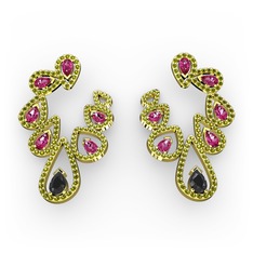 Siyah zirkon, rodolit garnet ve peridot 925 ayar altın kaplama gümüş küpe