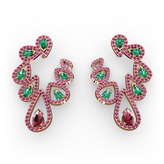 Kök yakut, yeşil kuvars ve rodolit garnet 8 ayar rose altın küpe