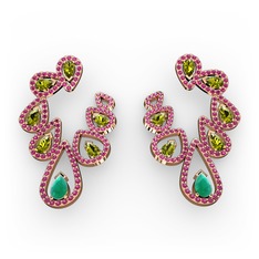 Kök zümrüt, peridot ve rodolit garnet 8 ayar rose altın küpe