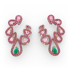 Kök zümrüt, pembe kuvars ve rodolit garnet 8 ayar rose altın küpe