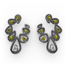 Swarovski, peridot ve siyah zirkon 925 ayar siyah rodyum kaplama gümüş küpe