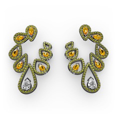 Swarovski, sitrin ve peridot 925 ayar siyah rodyum kaplama gümüş küpe