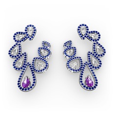 Ametist, swarovski ve lab safir 8 ayar beyaz altın küpe